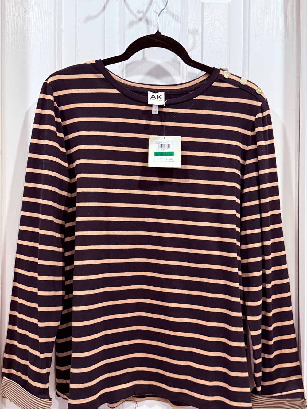 Anne Klein Navy and Beige Striped Shoulder-Button Long Sleeve Top